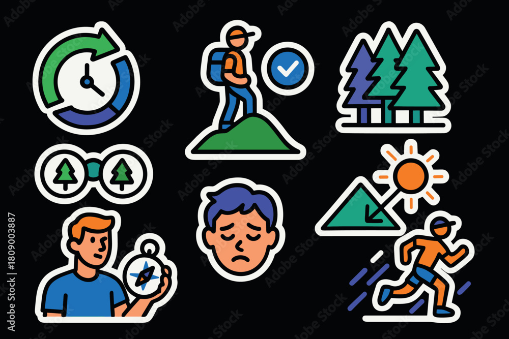 Obraz premium Colorful adventure and hiking icons on dark background
