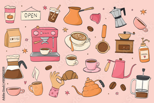 Coffee doodles, cartoon elements collection for stickers, prints, cards, banners, social media visuals, logos, etc. EPS 10