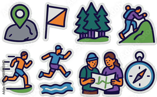 Adventure and navigation icons in flat sticker style for outdoor activities