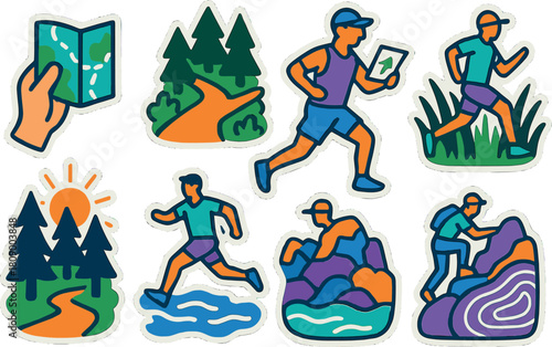 Colorful hiking adventure stickers featuring active outdoor scenarios and natural landscapes