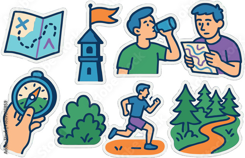Adventure icons: exploring hiking trails with maps and compass in vibrant sticker style