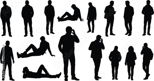 Silhouette people poses, mobile phone users, sitting standing lying, abstract human shapes, communication concept, black vector illustration set