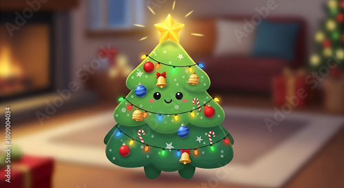 3d icon of adorable cartoon christmas tree with lights and ornaments in a cozy room with fireplace