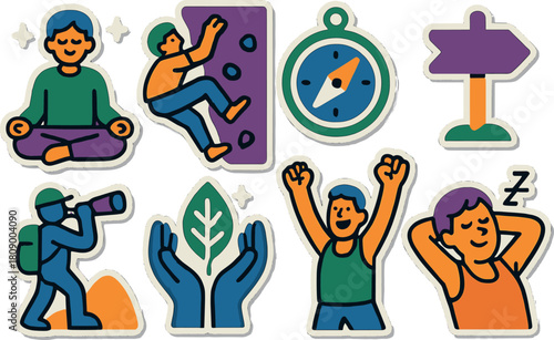Colorful outdoor activity stickers featuring yoga, hiking, and climbing icons