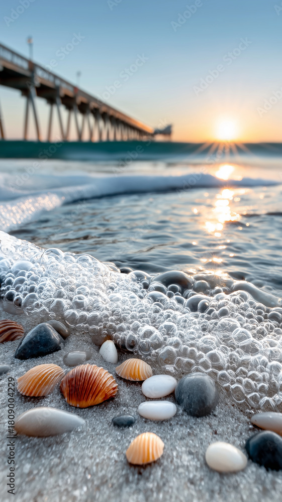 Fototapeta premium Seashells and pebbles on sandy beach with gentle waves and pier in background during beautiful sunrise in North Carolina. scene evokes tranquility and natural beauty