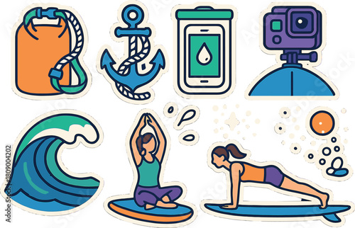 Adventure stickers: yoga, surfing, and sea elements for outdoor enthusiasts