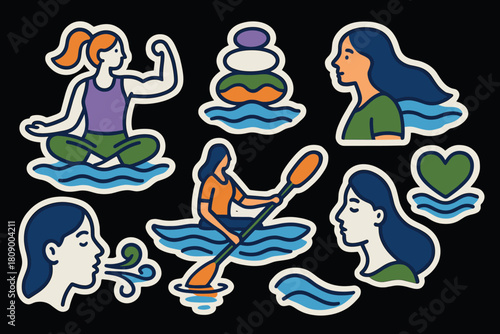 Colorful yoga and meditation stickers with women in nature theme