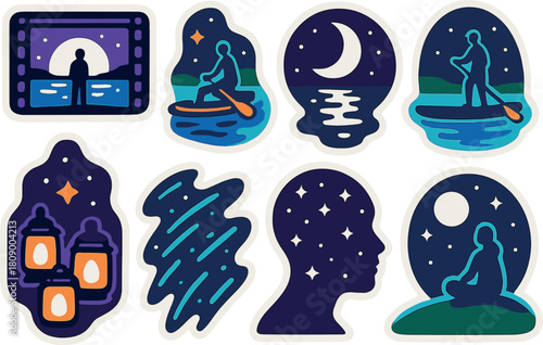 Nighttime adventure stickers: moonlit silhouettes and stargazing illustrations