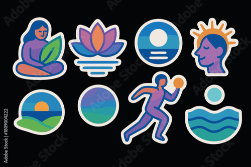 Colorful abstract stickers: meditation, nature, and wellness icons in modern design