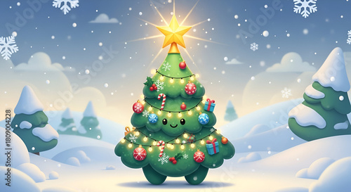 3d icon of cute cartoon christmas tree with a star on top, ornaments, and a happy face in a snowy winter landscape