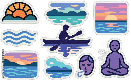 Colorful outdoor scenes with meditation and sunrise elements in sticker style