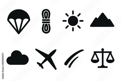 Adventure and travel icons in minimalist silhouette style