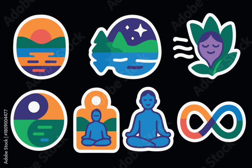Colorful nature and meditation symbols on black background
