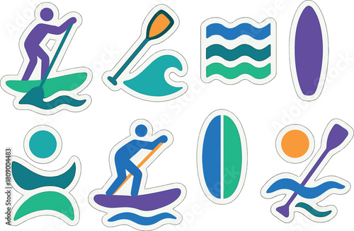 Vibrant paddleboarding and surfing stickers set for adventure enthusiasts
