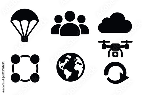 Silhouette icons collection featuring parachute, people, cloud, drone, globe, collaboration, and refresh symbol