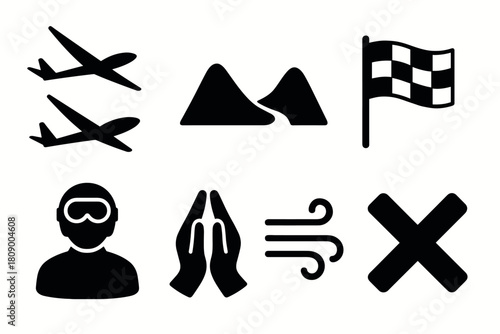 Adventure icons set: airplanes, mountains, flag, skiing, praying, wind, cancel