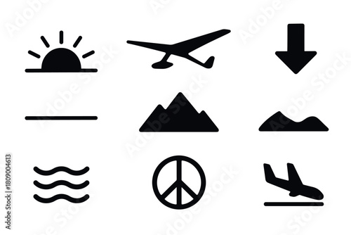 Diverse minimalist icons set featuring sun, plane, arrow and nature elements