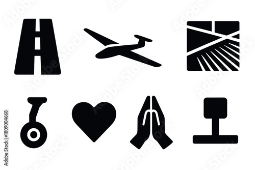 Set of minimalistic black icons featuring travel, navigation, and symbols
