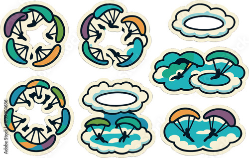 Colorful paragliding stickers in cloudy sky theme with circular patterns