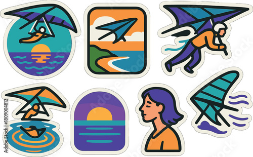 Colorful hang gliding stickers with sunset and ocean elements