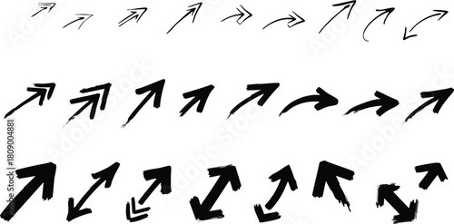 Angled arrow set sketch brush pointers collection various sizes styles diagonal signs vector