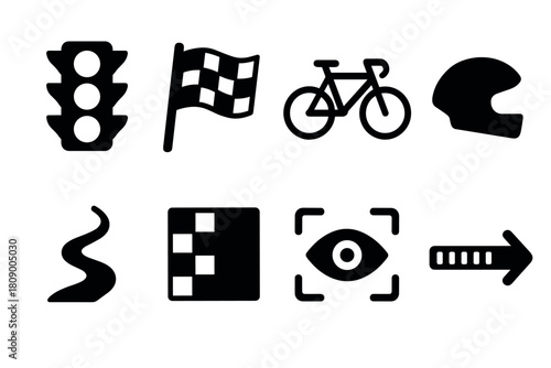 Minimalist racing icons: traffic light, checkered flag, bicycle, helmet, arrow