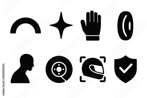 Safety icons set: helmet, shield, hand, star, profile, tire, brake disc in bold minimalist style