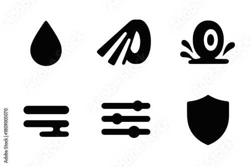 Minimalist icon set: water drop, shield, adjustments, and motion symbols