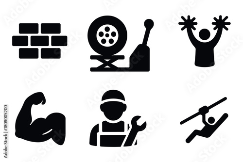 Dynamic icons of strength, tools, and movement in bold silhouette style