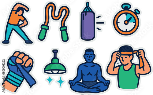 Fitness icons: exercise equipment and activities in colorful sticker style