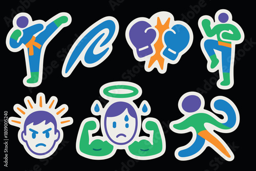 Colorful athletic stickers featuring martial arts and fitness icons