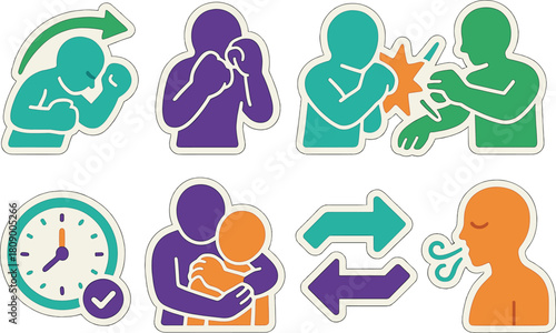 Vibrant sticker set of self defense techniques and emotional wellbeing icons