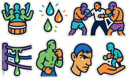 Colorful boxing icons set featuring fighters, ring, and training elements in sticker style