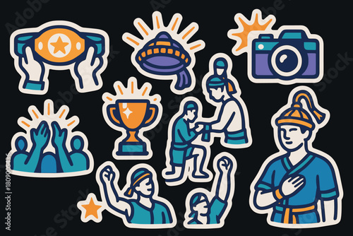 Muay thai icons: champion belt, fighters, trophy, camera, and ufo with bold outlines