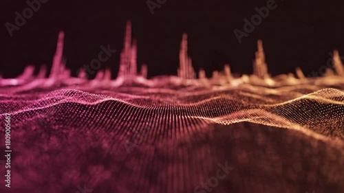 Abstract three dimensional field of glowing particles forming oscillating waves and peaks against a dark background