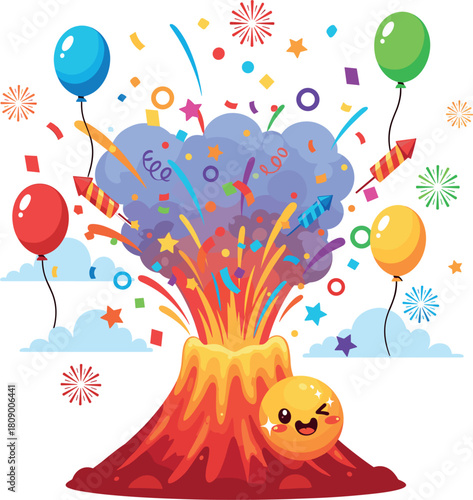 Volcano erupting with colorful confetti and balloons celebration