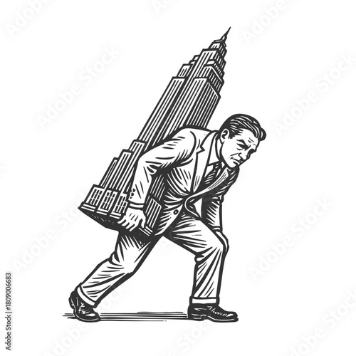 businessman struggling to carry a tall skyscraper on his back, pressure, workload, and overwhelming responsibility sketch engraving generative ai vector illustration. Scratch board. Black and white.