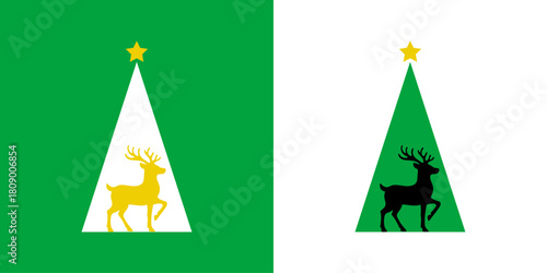 Logo con árbol de navidad con forma de triángulo sencillo con estrella y silueta de ciervo o del reno Rudolph de Santa Claus para tarjetas y felicitaciones