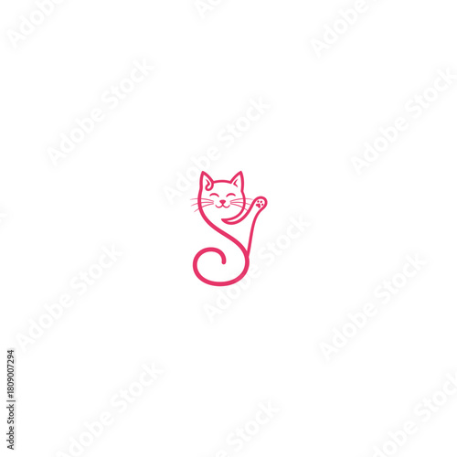 Stylized pink cat logo with waving paw on white background