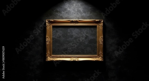 Vintage gold ornate picture frame on dark wall art gallery museum exhibit spotlight background