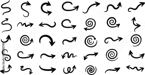 Curved arrow set spiral pointers collection sketch elements doodle circular motion signs