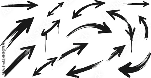 Collection of hand drawn scribble doodle ink brush arrows pointing various directions