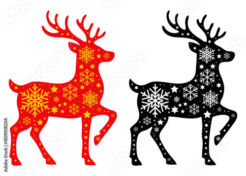 Silueta de reno Rudolph de Santa Claus con copos de nieve y estrellas para tarjetas y felicitaciones de Navidad