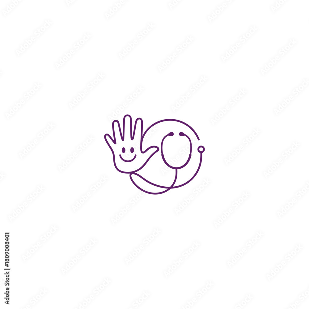 Fototapeta premium Medical concept hand with smiling face and stethoscope outline on white