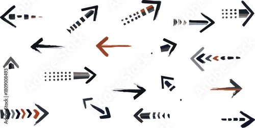 Grunge style arrows set brush strokes painted pointers indicating direction on transparent background
