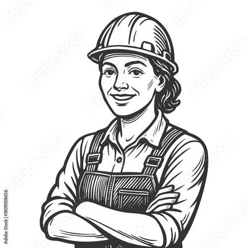 smiling woman in overalls and hard hat, representing strength, labor, and gender equality in construction sketch engraving generative ai fictional character vector illustration. Black and white.