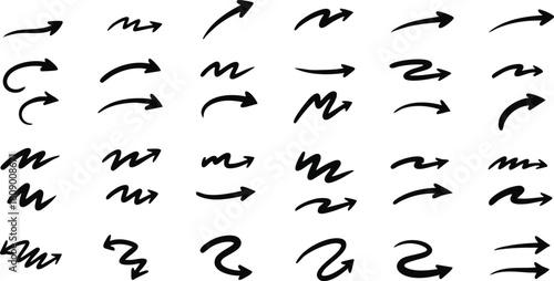 Hand drawn doodle arrow set sketch pointers showing different directions wavy lines symbols
