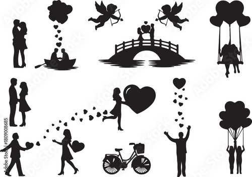 Silhouettes of romantic couples sharing love and moments together black vector