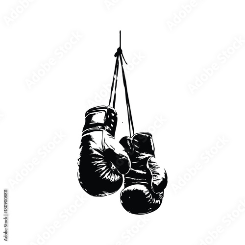 Black and white vintage illustration of worn boxing gloves retro vintage vector art