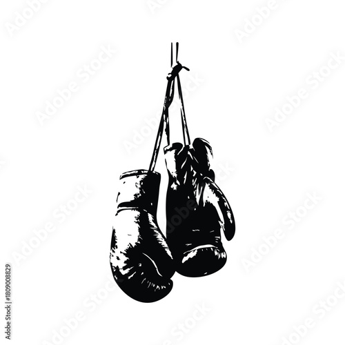 Black and white vintage illustration of worn boxing gloves retro vintage vector art